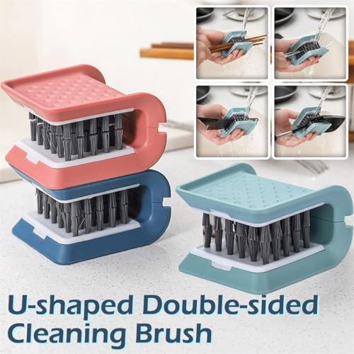 Image of Knife Cleaner, U-Shaped Double Sided Cleaning Brush, Blade Cleaner with 2 Pcs Replacement Sponge Brush Head, Non-Slip Blue PP Plastic Knife Brush