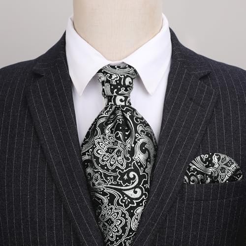 Image of HISDERN Ascot Ties for Men Paisley Floral Ascot and Pocket Square Set Classic Self Tie Mens Cravat Handkerchief for Wedding