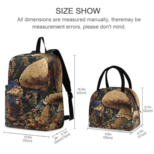 Backpack Lunch Box Set Large Capacity Travel Backpacks and Insulated Lunch Bag for Commute Hiking Picnic Mushroom Gnome Print2