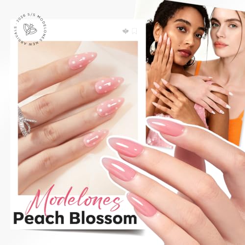 Image of modelones Builder Nail Gel, Peachy Nude Builder for Nails, Translucent Pink Color Rubber Base Gel Polish for Natural Overlay, Apex Building, Short Extension, Self-Leveling Beginner U V /LED Cured