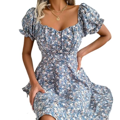 Primavera y Verano Elegante Cuello Cuadrado Manga Corta Estampado Floral Bowknot Doble Dobladillo Vestido-Azul-S