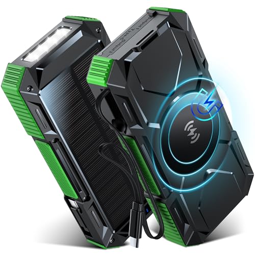 Magnetic Wireless Solar Power Bank 26800mAh built-in 50CM Retractable USB-C Cable, 30W Portable Solar Charger Fast Charging Battery Pack with 5 Outputs and LED Flashlight for Outdoor Emergency