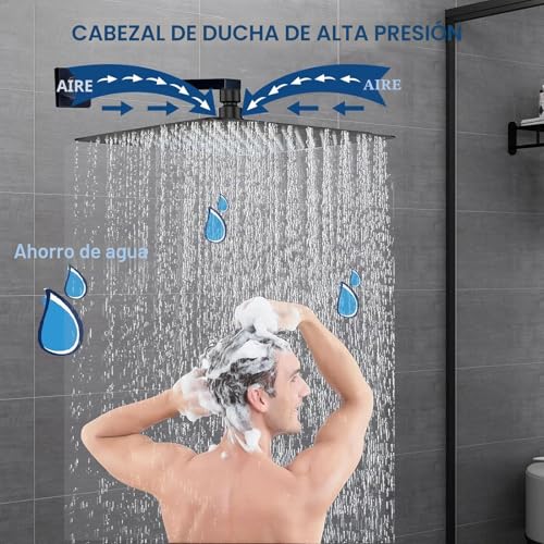 Miniatura 7 de Cabezal De Ducha Cuadrado De 30 30 Cm 12 Pulgadas En Acero Inoxidable 304,Rociador De Ducha Antical,Efecto Lluvia,Rotación 360 ,Conexión G1 2,Fácil Limpieza,Acabado Cromado Negro