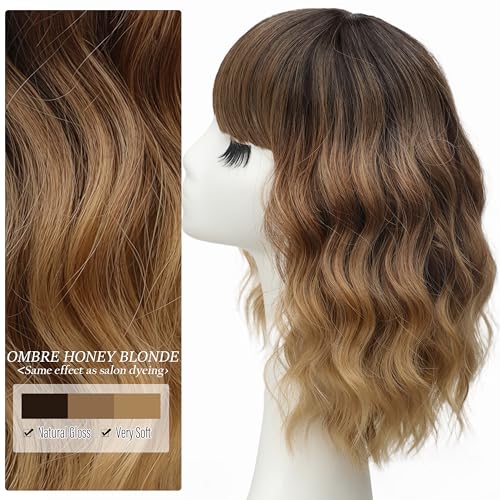 Image of Nnzes Short Wavy Bob Wig with Bangs for Women Shoulder Length Curly Ombre Brown Blonde Synthetic Heat-Resistant Fiber Hair for Daily & Party Use