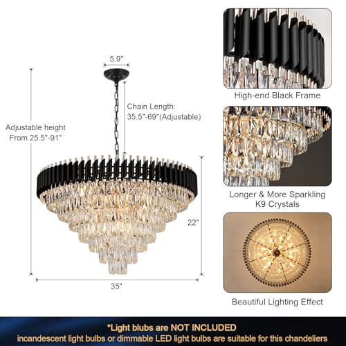 Image of Modern Black and Gold Crystal Chandelier 35 inch Large Light for High Ceiling
