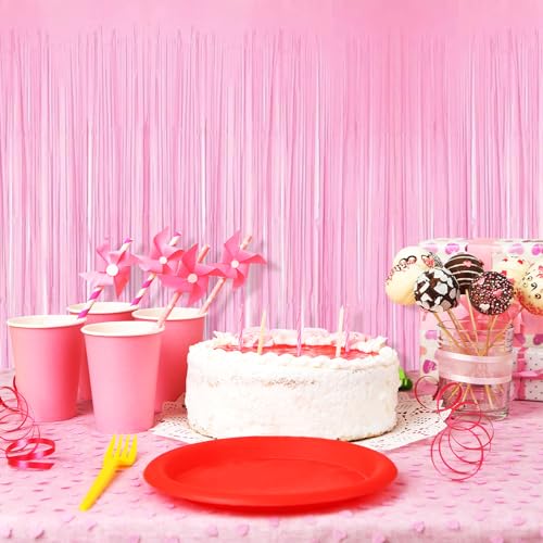 Image of 5 Pack Pink Foil Curtain Backdrop 3.2ft x 8.2ft Tinsel Foil Fringe Curtains Macaron Photo Booth Streamer Backdrop for Party Decorations Birthday Baby Shower Bachelorette Holiday Decor (Pastel Pink)