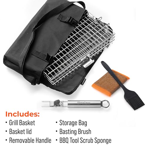 Adjustable Grill Basket with Removable Handle – 4 Height Levels for Vegetables, Meat, Fish & More – BBQ Grilling Basket with Locking Lid, Basting Brush, Scrub Sponge & Storage Bag for Outdoor Cooking