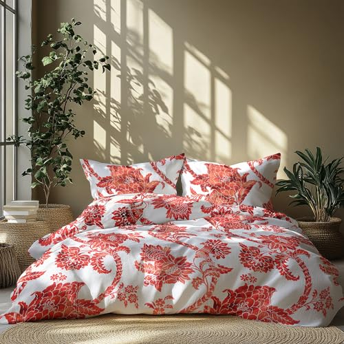 Image of LANE LINEN 210TC 100% Cotton Bedsheet Set for Super King Size Bed, 3-Piece Bedding, Included 2 Pillow Covers, Soft & Breatahble Flat Sheets, Floral Red Digital Printed Floral Pattern - 2.74m x 2.74m