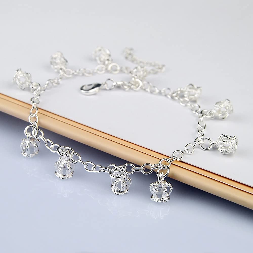 LNNSHX Cavigliera Bracciale Piede, Cavigliere Corona in Argento Sterling 100% 925 per Donne Gioielli Piede Spiaggia Estiva Sandali a Piedi Nudi Bracciale sulla Gamba Caviglia Femminile