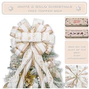 Christmas Tree Topper Bow,53x15 Inches Large Christmas Bow with Glitter Streamer and Patterned Ribbon,Decorative Bows for Xmas Tree Wreath Door Festival Home Decor(White Gold) Christmas Tree Topper Bow53x15 Inches Large Christmas Bow with Glitter Streamer and Patterned RibbonDecorative Bows for Xmas Tree Wreath Door Festival Home DecorWhite Gold