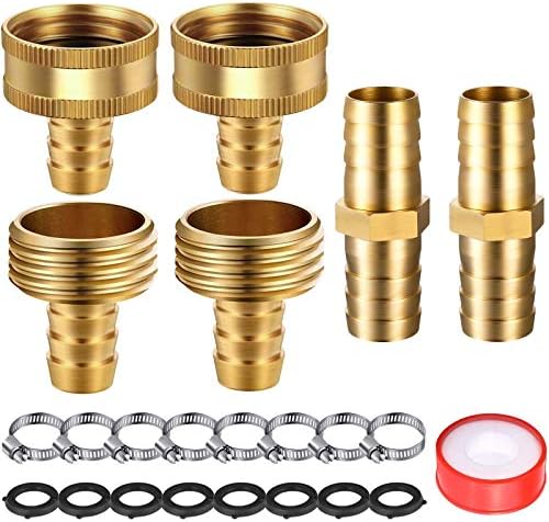 4 Sets 1/2 Inch Solid Brass Garden Hose Connector Hose Mender Water Hose Repair Kit Female Male Hose Coupling with Tape, Stainless Steel Clamp and 3/4 Inch Rubber Gasket