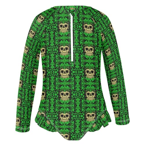 Skull Green Girls Long Sleeve Rashguard Swimsuit UV Protection One-Piece Swimwear Bathing Suit B04043762