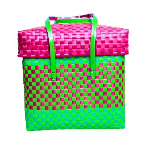 Image of Hand Made Multipurpose Plastic Basket with Lid | Eco-Friendly, Washable, Rust-Free Storage Basket for Kitchen, Picnic, Toys, Travel, Office | Lightweight basket (Green with Pink, M)