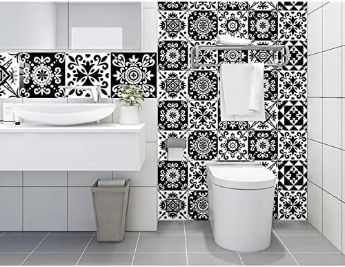 24pcs Moroccan Tile Stickers 15x15cm Bathroom Black and white Tile Stickers For Kitchen Bathroom Living Room Fireplace Stairs Home Waterproof Stickers For Tile Peel And Stick Tile Decals 6"x6"
