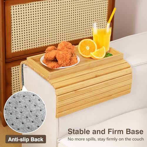 Bandeja de brazo para sofá de bambú natural, mesa lateral plegable con soporte de mandos 4