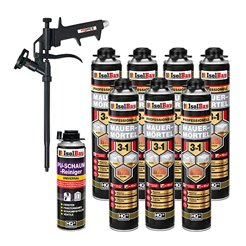 Isolbau Mauermörtel Set: 7x 750 ml PU-Mörtel 1x 500 ml Pistolenreiniger 1x Teflon Schaumpistole, PU-Reiniger, Montageschaum, Pistolenschaum