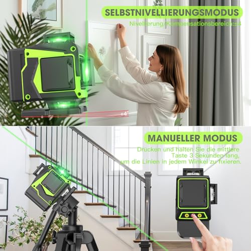 Kreuzlinienlaser Grün 16 Linien Nivellierlaser, 4 x 360 ° Laser wasserwaage, linienlaser kreuzlaser selbstnivellierend für Innenbereich Baustelle, 2 x Batterie Vermessungskabine