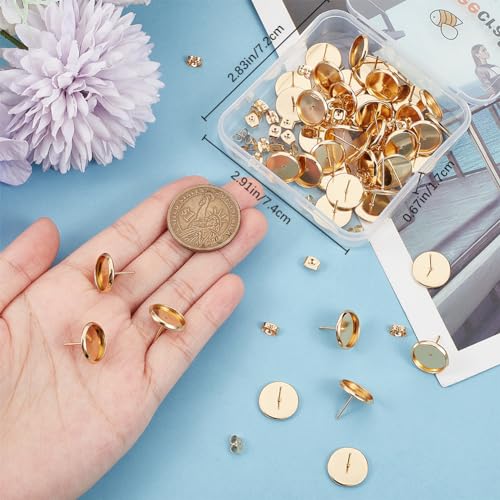 Beebeecraft 1 Box 50Pcs Earring Bezels Trays 18K Gold Plated Blanks Round Cabochon Prong Post Settings Stud Earring Findings with 12mm Tray and 50Pcs Ear Backs for Jewelry Making - Image 3