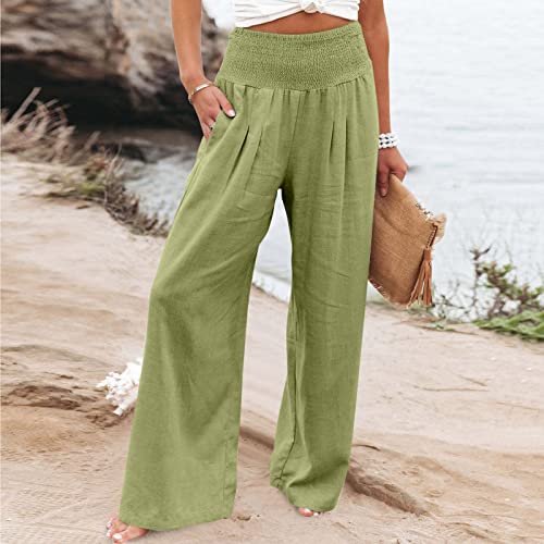 XUNRYAN Linen Wide Leg Pants Womens Cotton Boho Palazzo Pants High Waisted Flowy Beach Trousers Travel Vacation Outfits2