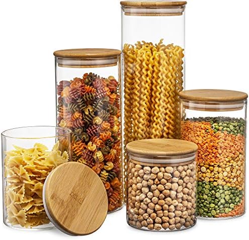 Set of 5 Glass Kitchen Canisters with Airtight Bamboo Lid - Glass Storage Jars for Pantry Organization and Bathroom for Flour, Coffee, Cookie Jar, Candy, Snack, Pasta, Rice, Sugar Packet Holder