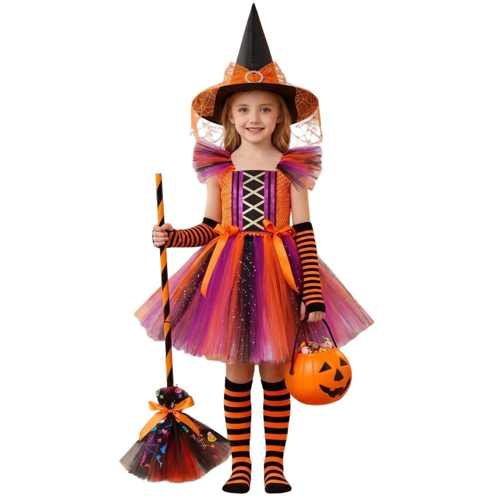 Hexenkostüm Kind Halloween Kostüme Kinder Halloween Hexenkleid Mit Hut Set Mit Hut Besen Rock Und Umhang Sommerkleid Mädchen Kleid Party Karnevalskostüme Für Halloweens Cosplay