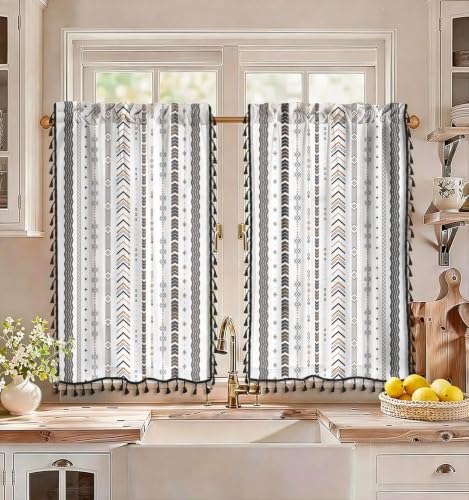 Image of Miss Adola Boho Kitchen Curtains - 36 Inch Length Linen Blend Modern Striped Cafe Curtains Tassels Tier Curtain Short Drapes Rod Pocket for Bathroom Living Room Windows Light Filtering, 2 Panels