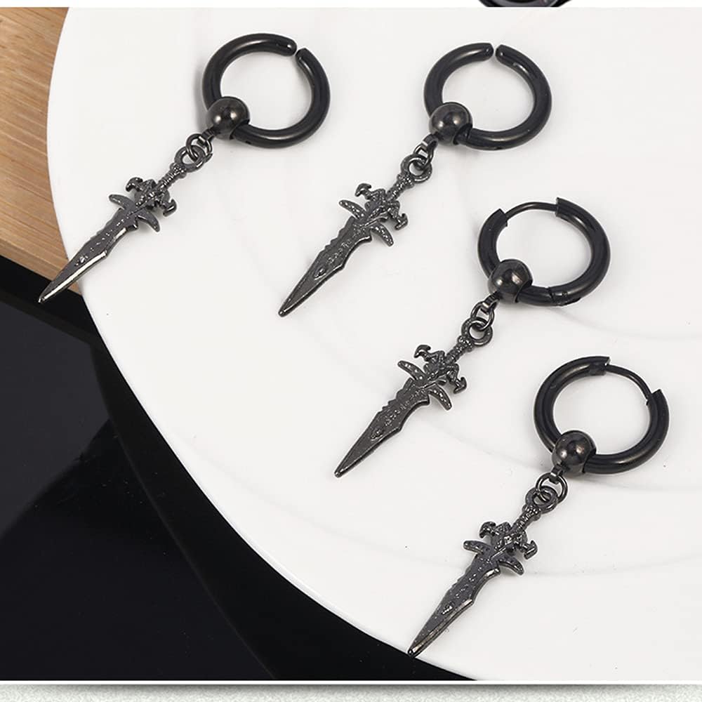 Retro Punk Sword Dangle Drop Cuff Huggie Small Hoop Earrings for Men Women Cartilage Kpop Hypoallergenic Stainless Steel Piercing Hanging Drop Cool Hip Hop Fashion Personalized Best Friends Birthday - Image 5