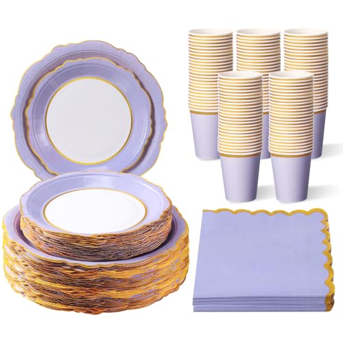 Vajilla de papel desechable morada de 200 piezas para cumpleaños y bodas 2