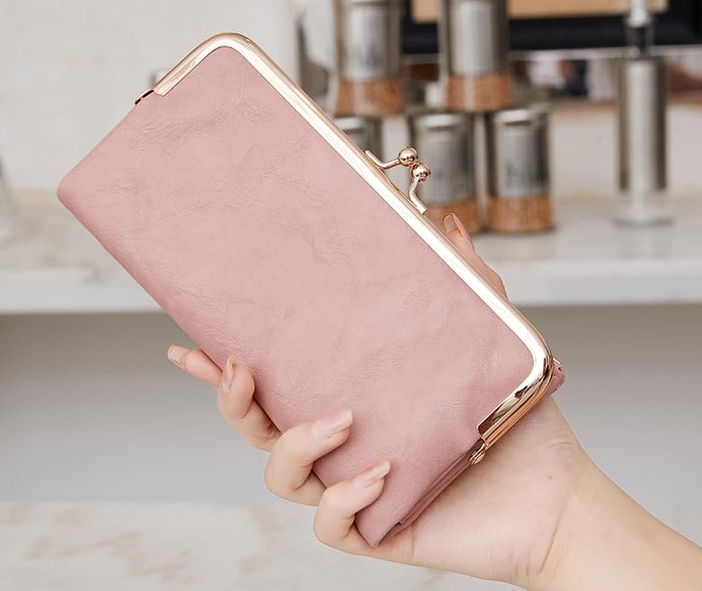 Vintage Bifold Genuine Leather Wallet for Women with Kiss Lock and Zip Coin Pocket (Pink)3