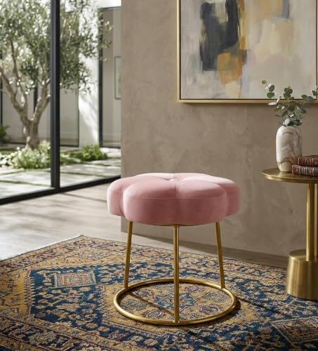 Image of Flower Ottoman Foot Stool for Bedroom and Living Room, Round Makeup Vanity Chair with Metal Legs and Soft Padded Seat-Pink