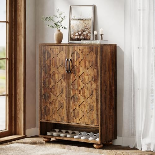 Tribesigns Shoe Cabinet with Doors, 6-Tier Shoe Rack with Solid Wood Feet and Adjustable Shelves, 43.3' Tall Storage Cabinet for Entryway, Hallway, Bedroom (Walnut)