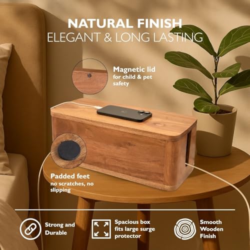Image of Large Cable Management Box - Acacia Wood - Cable Organizer Box and Power Strip Box for Electrical Cord Management - Hide Desk Cord and Floor Cables - Wire Storage and Organization for Cords