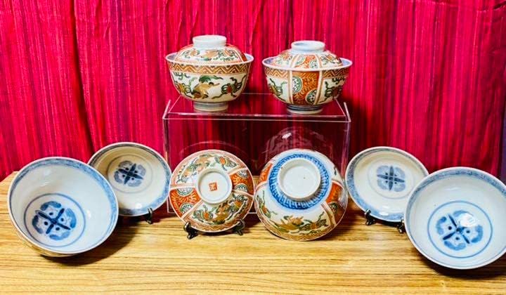 古伊万里 金彩赤絵 古伊万里 染錦 二方割玉獅子 茶碗 完 5