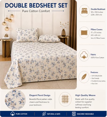 Image of RRC Floral Printed Bedsheet for Double Bed with Pillow Cover, 90 x 100 Inches Double Bed Sheet, Elegant Bedroom Bedding, Comfortable Home Bedsheet, Pillow Cover Size 17 x 27 Inches