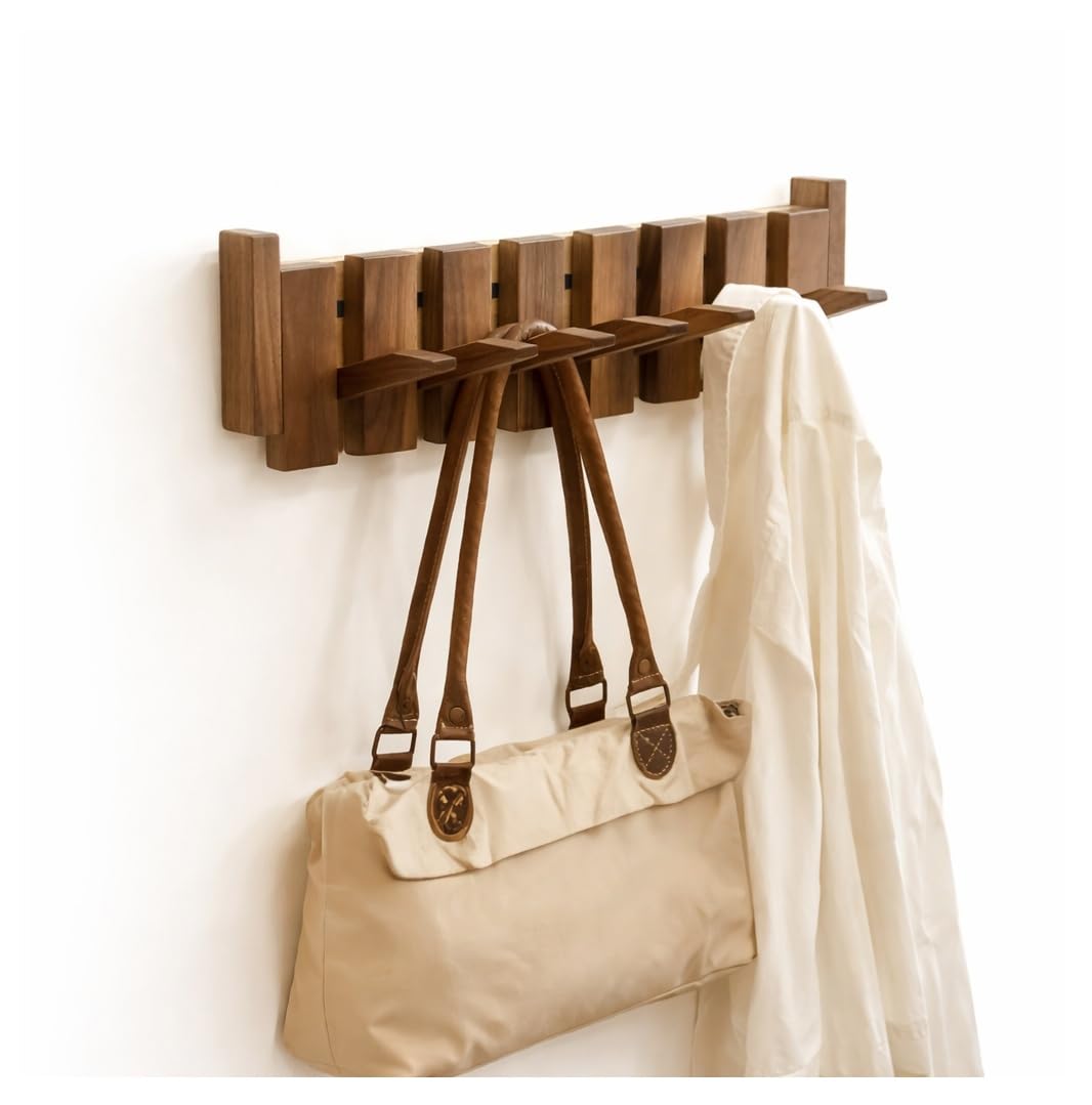 Wall Mounted Wooden Foldable Coat Rack with 6 Hooks | Space Saving Hanging Organizer for Clothes, Bags, Towels, Hats | Modern Home Decor for Entryway, Bedroom, Bathroom