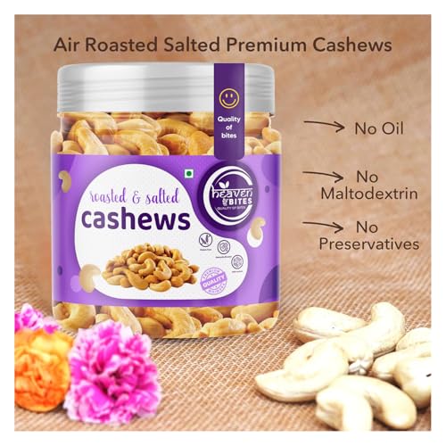 Image of Heaven Bites Premium Roasted and Salted Cashews 400GM | |AAA+ SIZE (W240 ) Whole Kaju Dry Fruits Rich in Protein Fibre | Healthy Snacks | 100% Natural Cashew Nuts | Festive Snacking | Magnesium and Phosphorus | Crunchy & Delicious