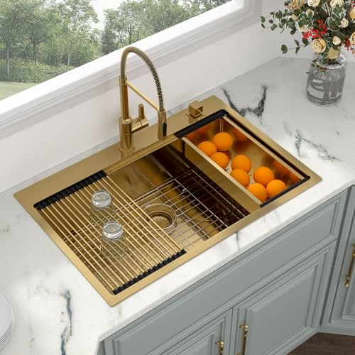 Image of 33 Gold Drop In Kitchen Sink - Kichae 33x22 Gold Brushed Stainless Steel Drop Sink 16 Gauge Ledge Workstation Single Bowl Topmount Overmount Handmade Basin with Cutting Board