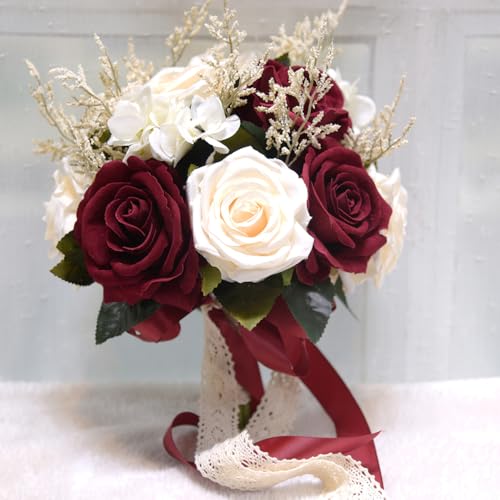 LESING Brautstrauß Künstliche Rosen Blumenstrauß Handgefertigter romantischer Hochzeitsstrauß für Braut und Brautjungfer, (Bouquet-Rose Weiß Rot)