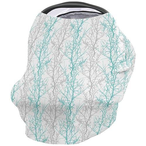 Nursing Cover for Breastfeeding Scarf, Teal and Grey Branch Baby Car Covers Super Soft Multi Use for Canopy Shopping Cart Cover Blanket Stroller Cover