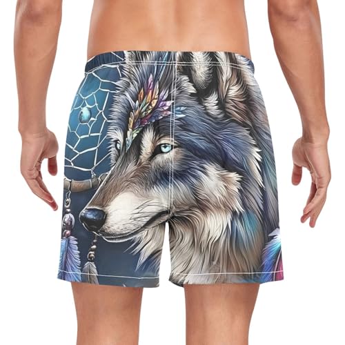 Dreamcatcher Wolf Mens Swim Trunks with Liner, Cool Quick Dry Beach Swim Shorts, Swimwear Bathing Suits S2