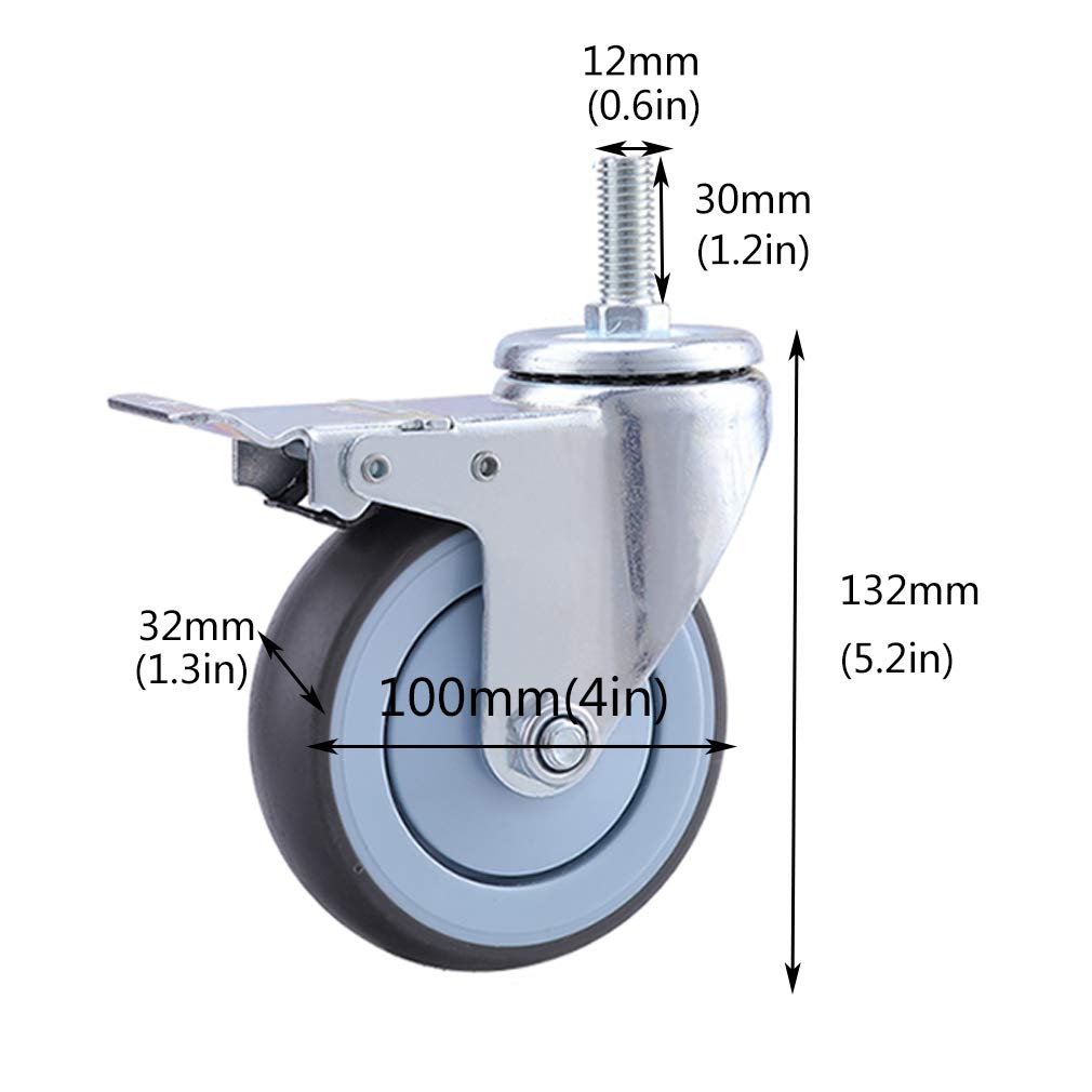 Set di 4 Rotelle Girevoli con Freno,Ruote per Carrello Heavy Duty,Barra Filettata M12,Cuscinetto a Sfere,360 °,capacità di Carico Massima a Ruota Singola 120kg(264 libbre)