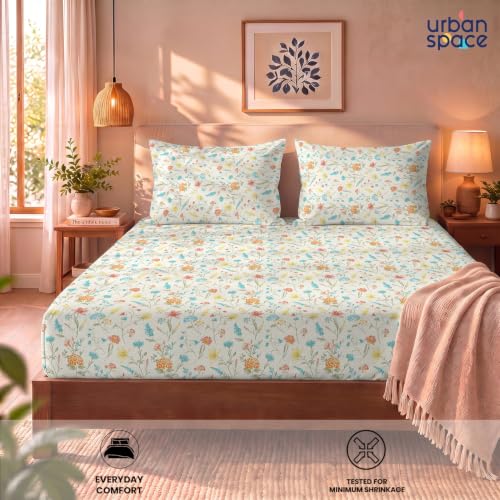 Image of Urban Space 144 TC Divine 100% Cotton Fitted Bedsheet for Double Bed with 2 Pillow Covers, Queen Bedsheet (Size 60 x 72 inches, Rangoli Peach, Double Fitted)