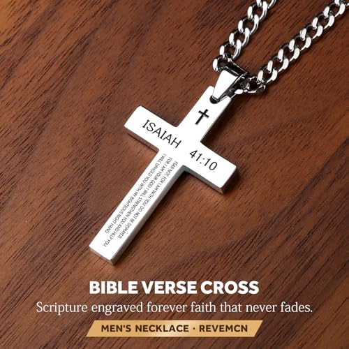 REVEMCN Inspirational Bible Verse Cross Necklace for Men Boys, Stainless Steel Plain Black Silver Cross Pendant Necklace for Men 20-24 Inches Curb Chain Faith Jewelry Gift3