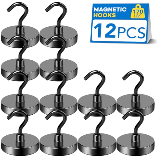Image of LOVIMAG Black Magnetic Hooks, 12 Pcs, 150lbs Pull Force, Heavy Duty, Cruise Cabin, Door, Kitchen | Magnet with Hook for Cruise Cabins, Classroom, Kitchen Essentials, Door Decoration, Refrigerator, Black