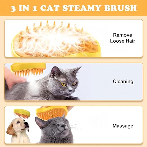 Image of Cat Brush, Multifunctional Cat Steamy Brush, Self Cleaning Steam Cat Brush for Massage, Silicone Steam Pet Brush， for Removing Tangled And Loosse Hair ，Pet spray massage comb (Yellow)