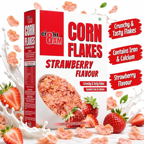 Image of 8AM Corn Flakes Strawberry 300 Gram, Golden Corns & Strawberry, No Cholesterol, Trans Fat, Artificial Additives, Iron & Calcium, Crunchy & Nutritious Breakfast Cereal