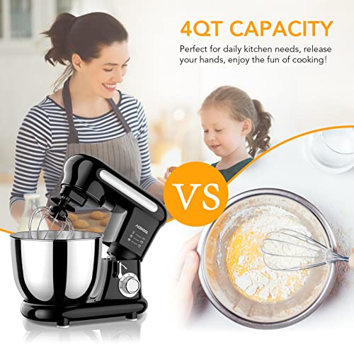 Stand Mixer, Acekool 4QT 300W Household Small Food Mixers, Tilt-Head Dough Mixer for Baking & Cake, 6 Speeds Compact Kitchen Electric Mixer with Bowl, Dough Hook, Egg Whisk & Flat Beater - Thumbnail 4