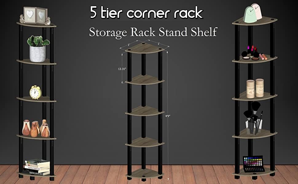 Image of Ash & Roh 5-Tier Corner Display Rack Multipurpose Shelving Unit, Rack Shelf, Shelving for Bedroom, Living Room. (H-4.9 Ft | W- 2 Ft | D-1 Ft) (5-Tier Corner Rack)