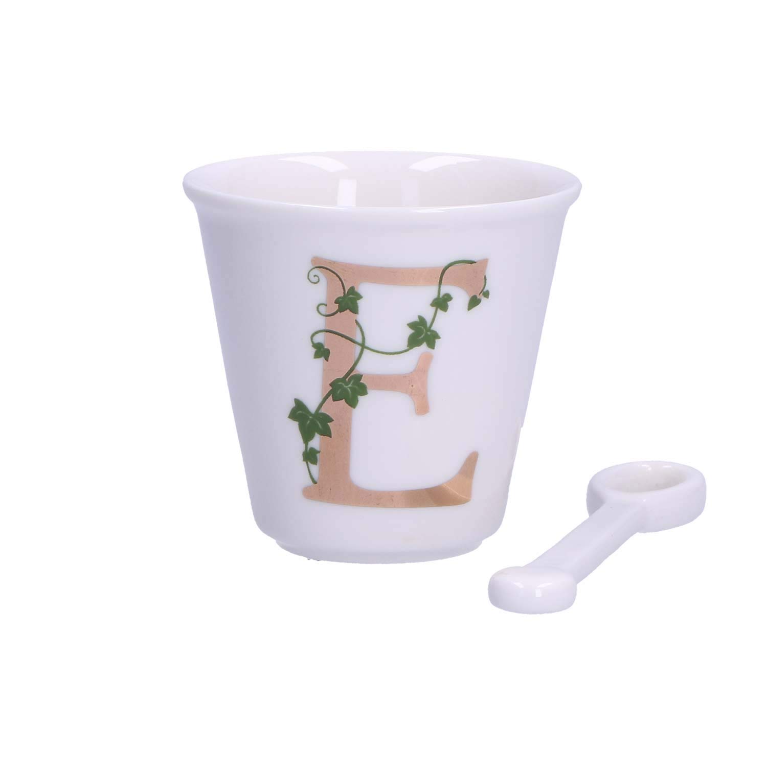 La Porcellana Bianca - Letter E Cup with Spoon - Home Furniture, Kitchen - Unique Line - Gift Idea - Porcelain - 75 CC; Diameter 6.7; H 6 cm