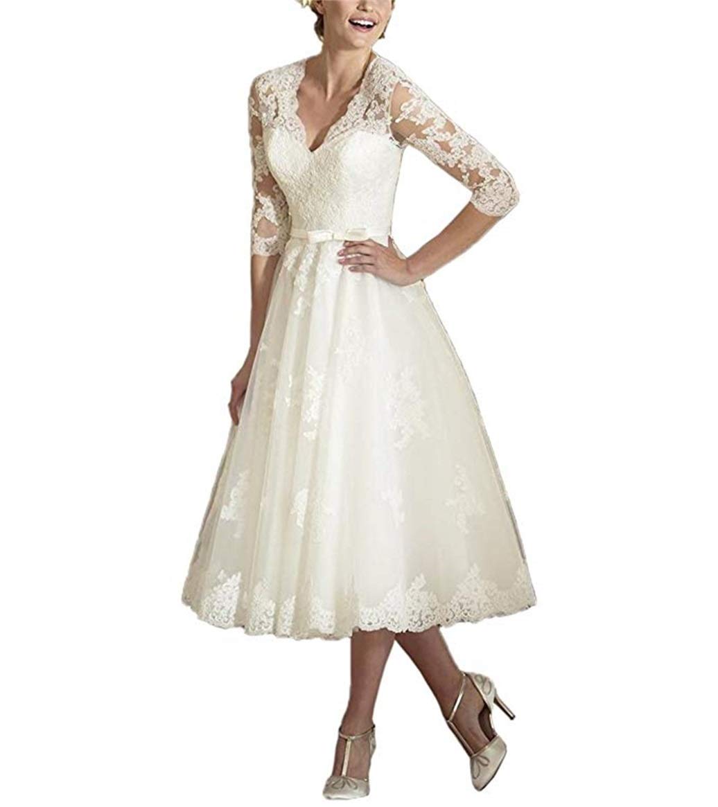 Anjuruisi Women's Ivory V Neck Long Sleeves Tea Length Short Wedding Dresses -Uk18